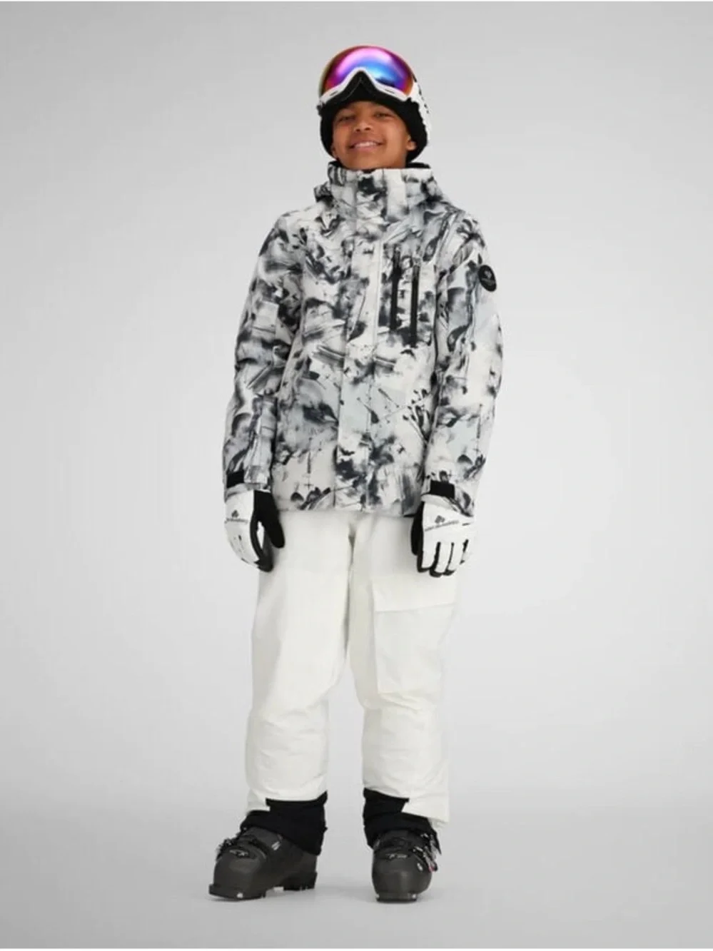 Obermeyer Gents Black and White Marble Print Hooded Ski Jacket Boys Teen L 14-16